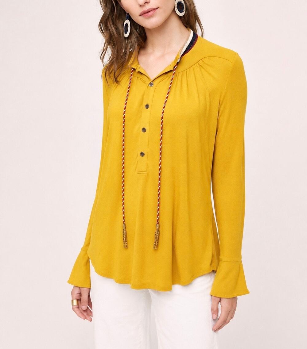 Anthropologie Akemi + Kin Mustard Yellow Boho Tunic Blouse Beaded Tassels XL